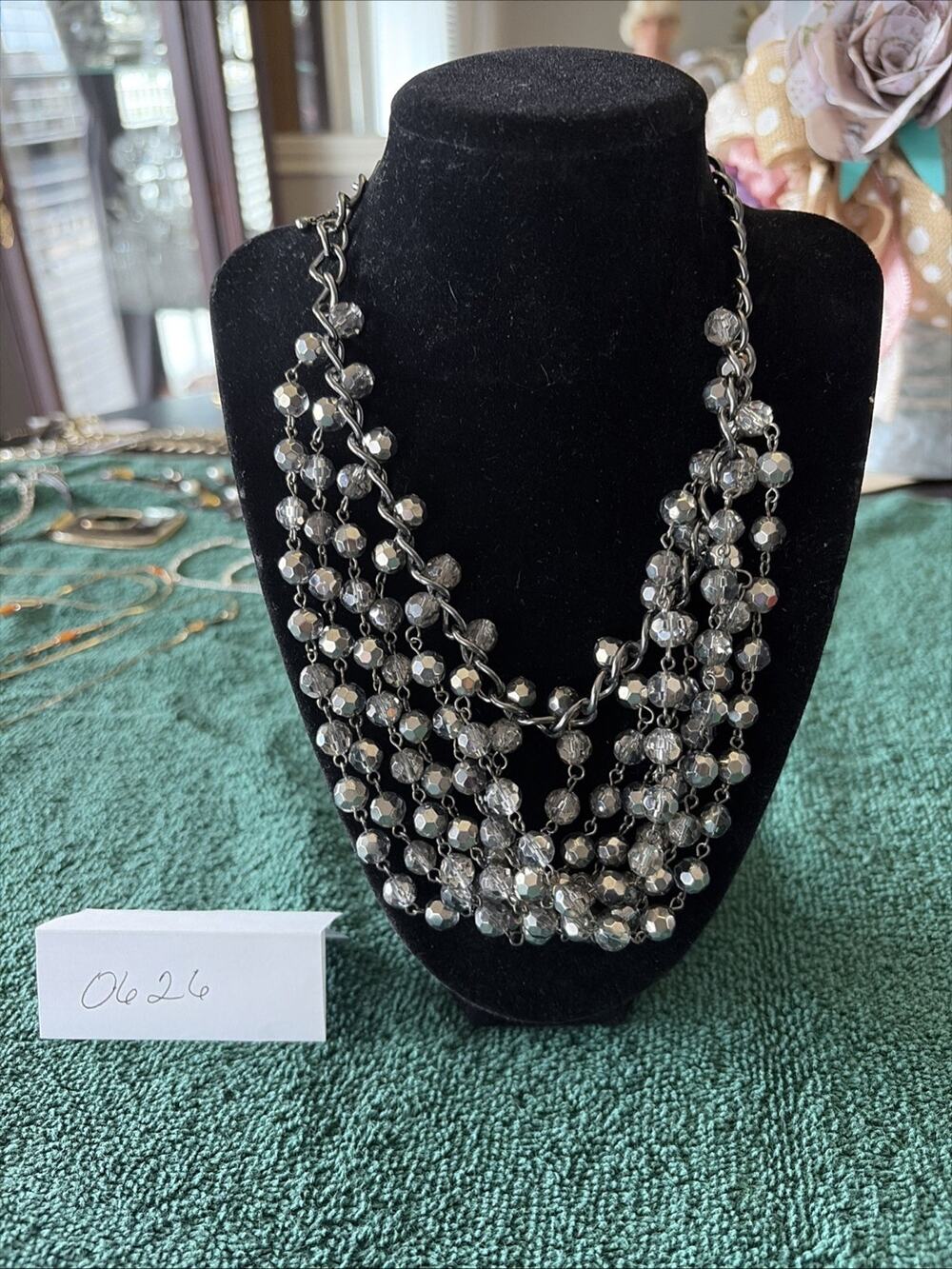 Premier Designs Crystal Beaded Bib Necklace Faceted Smoky Gun Metal Chain